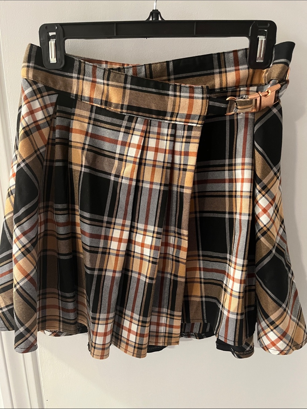 Urban Outfitters Plaid Pleated Midi Skirt - Black, Tan & White